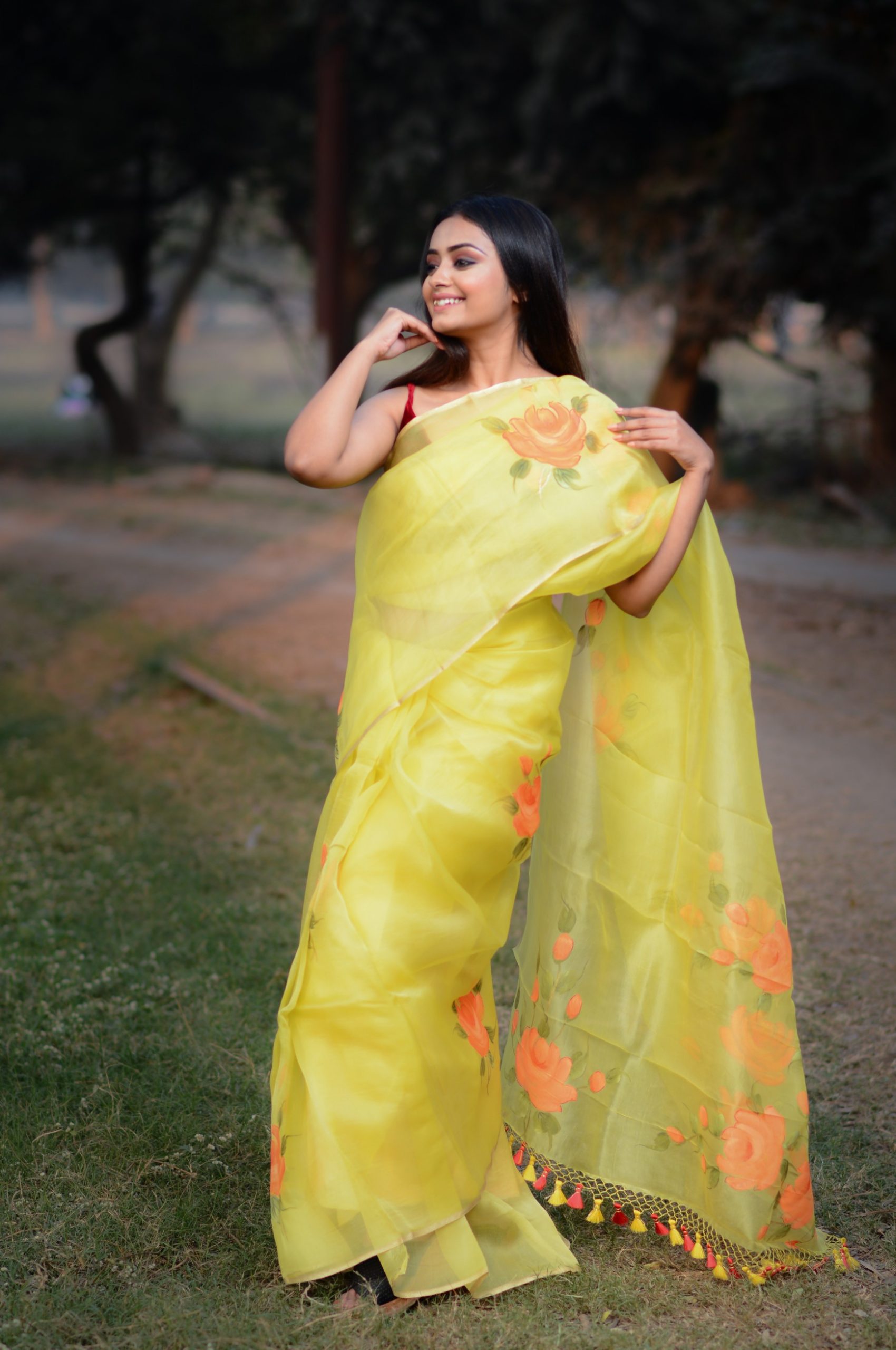 Custom Name on Yellow Lily Organza Saree – Picchika