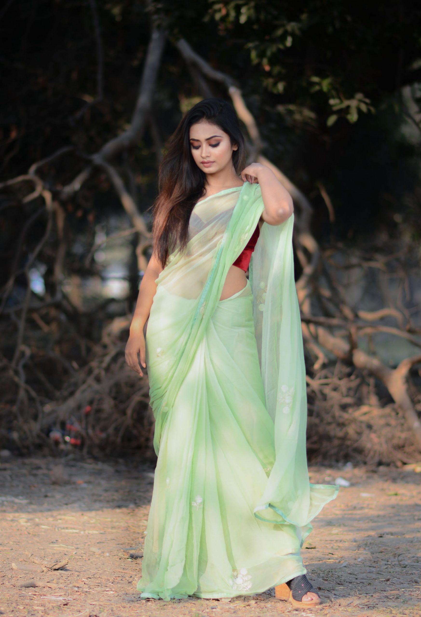 Solid Color Chiffon Saree in Light Green : SPF9504